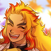 Kyojuro from KNY smiling happily in a warm light. The background is light blue and it has red maple leaves that have been blurre